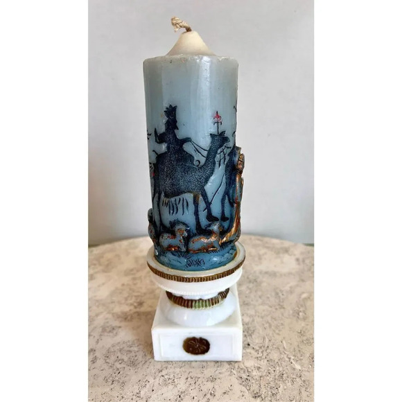 Vintage Blue Gold Christmas Nativity Scene Candle w/ Holder Unburned Handcrafted - Picture 3 of 12
